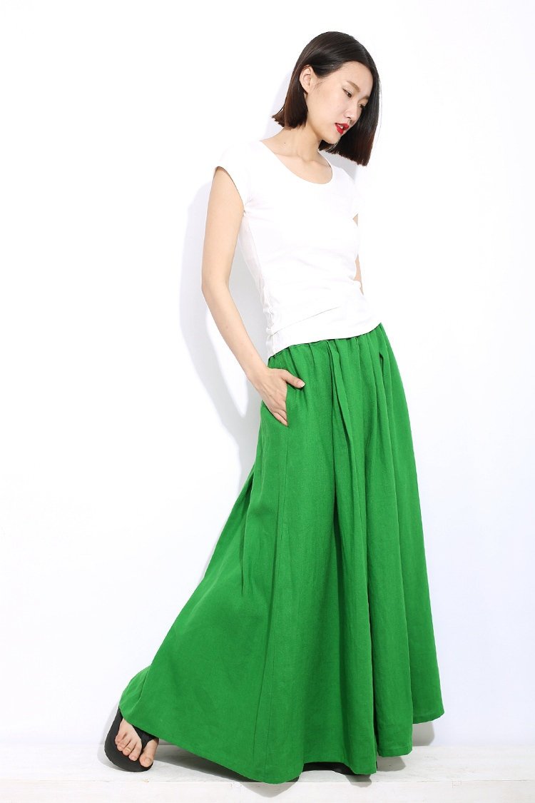 Green linen womens skirt, maxi womens summer skirt, long skirt with pockets, elastic skirt, Long linen skirt, linen pleated skirt C310