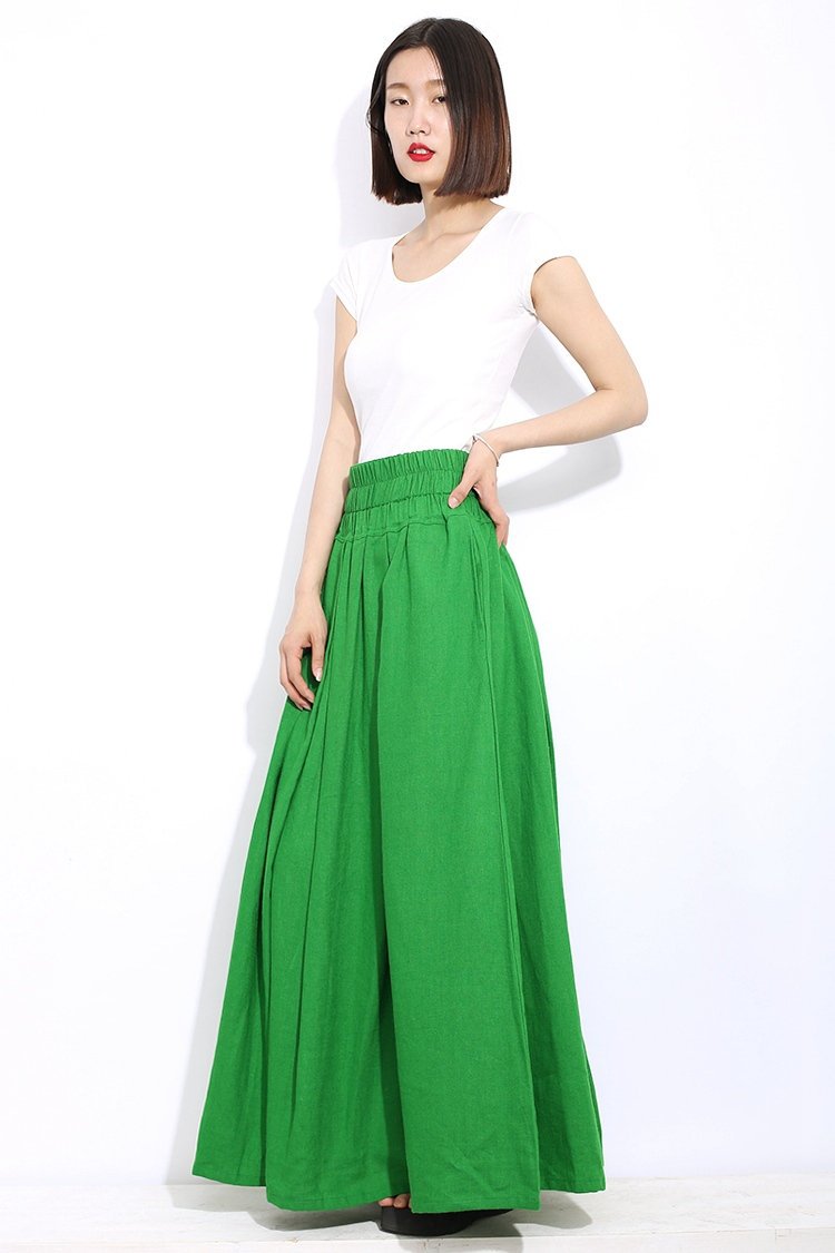 Green linen womens skirt, maxi womens summer skirt, long skirt with pockets, elastic skirt, Long linen skirt, linen pleated skirt C310