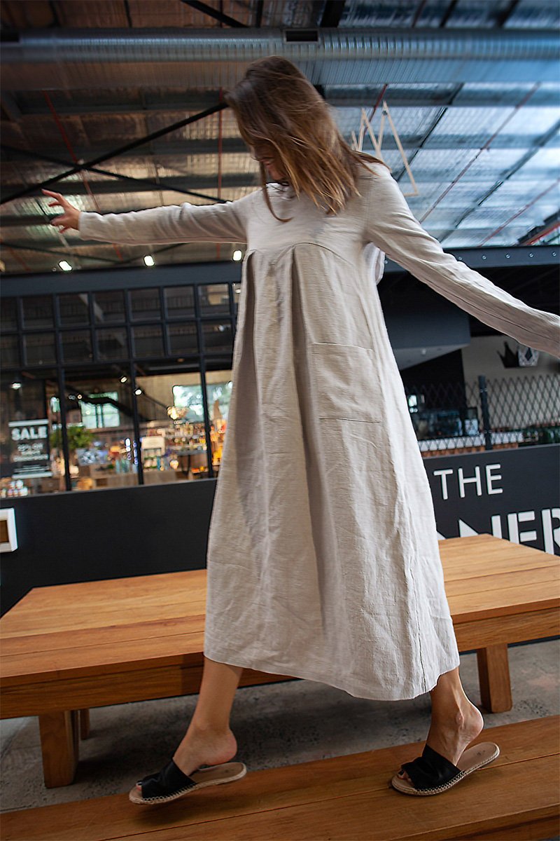 Gray linen womens dress, linen midi dress with pockets, womens linen dress with hat, pleated linen dress C1379