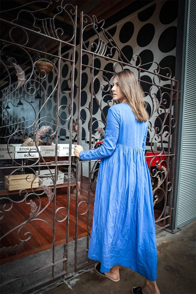 Blue long linen dress, linen womens dress, womens casual linen dress, maxi dress with pockets, plus size linen dress C1378