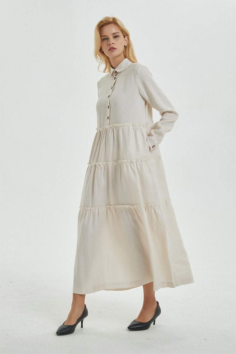 Beige linen dress with pockets, long dress with classic shirt collar & long sleeves, loose and casual dress, maxi retro dress for her C1274