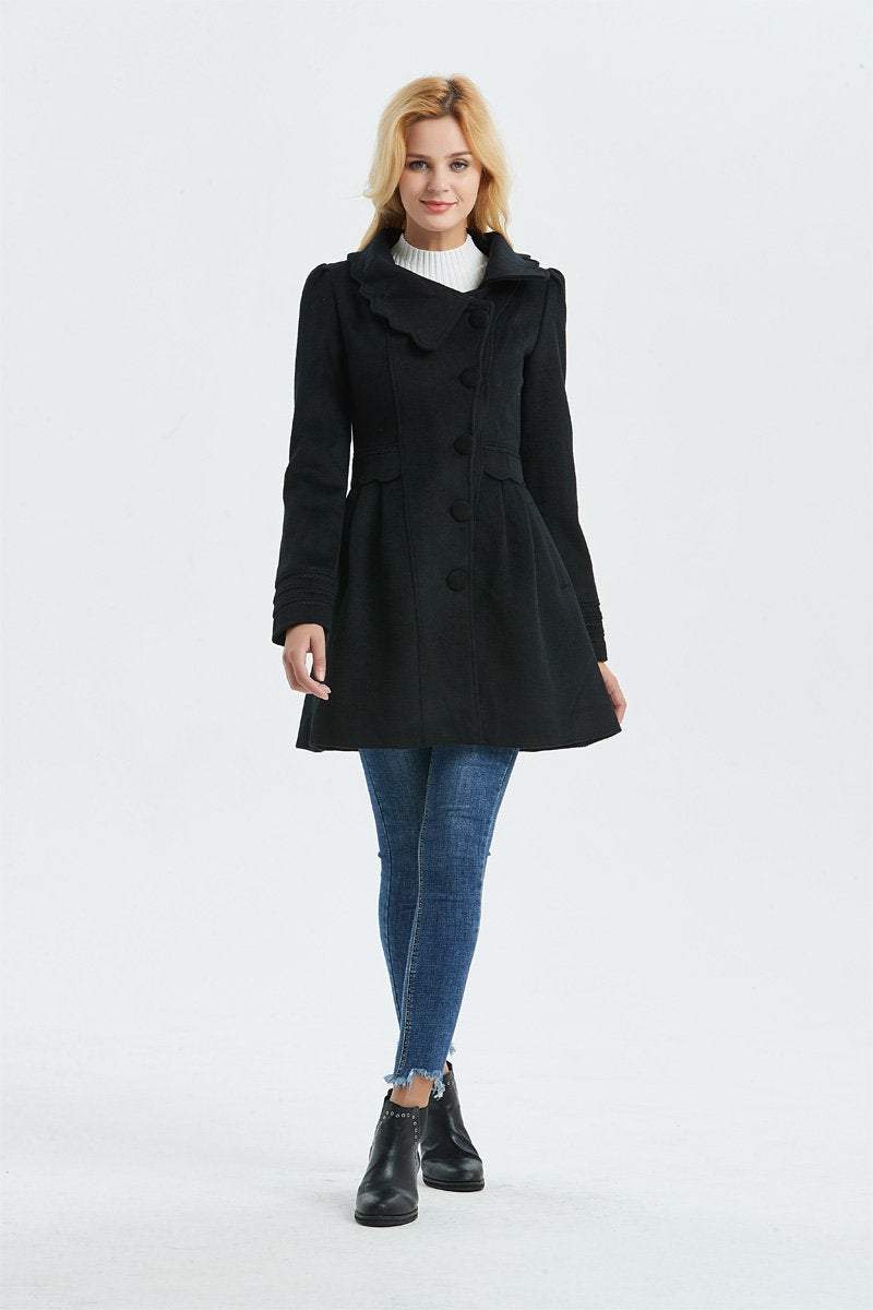 Gray Winter Coat - Woman's Outerwear Charcoal Grey Feminine Coat with Large Collar & Picot Edging C382 (CF126)