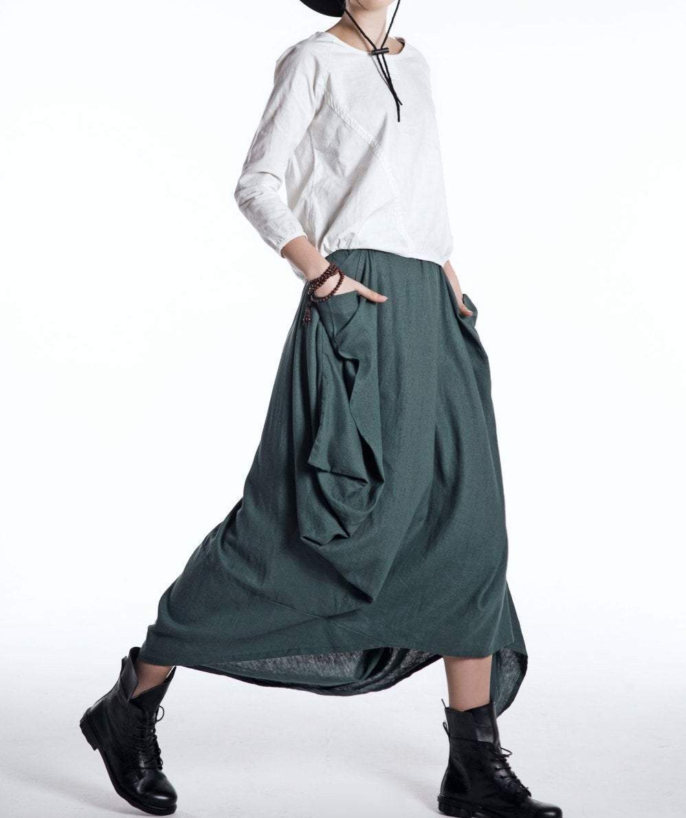 Green Linen Skirt, long linen skirt, linen skirt, Maxi Asymmetrical Hemline with Pockets All-Seasons Skirt, asymmetrical linen skirt C524