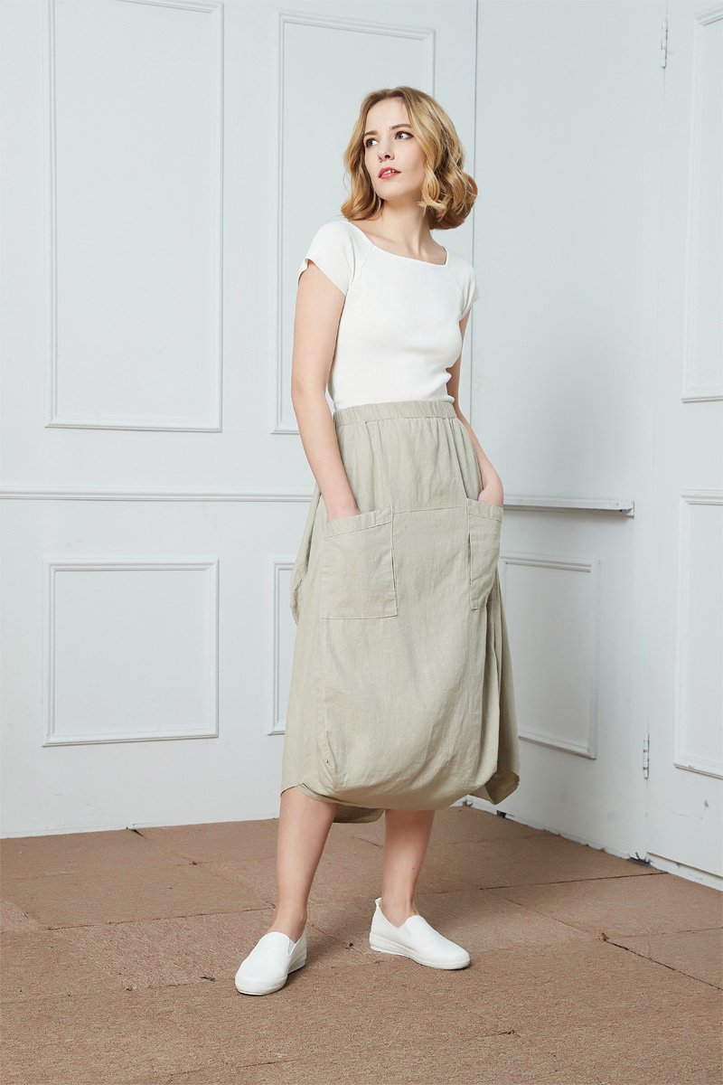Linen skirt, Asymmetrical linen Skirt, Elastic Waist skirt, womens skirts, skirt with big pockets, gray linen skirt, summer skirt C1403