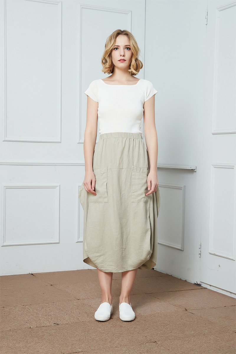 Linen skirt, Asymmetrical linen Skirt, Elastic Waist skirt, womens skirts, skirt with big pockets, gray linen skirt, summer skirt C1403