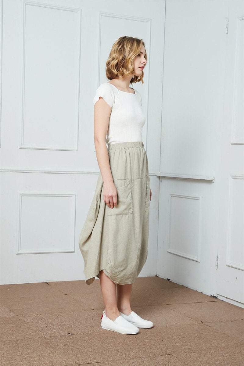 Linen skirt, Asymmetrical linen Skirt, Elastic Waist skirt, womens skirts, skirt with big pockets, gray linen skirt, summer skirt C1403