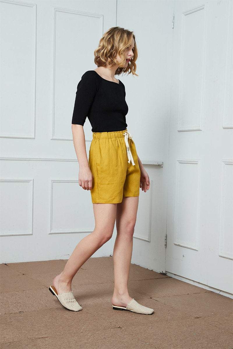 Linen shorts, yellow shorts, Summer Womens Shorts, linen Casual Shorts, Elastic Waist Shorts, Linen Drawstring Shorts, pockets shorts C1394