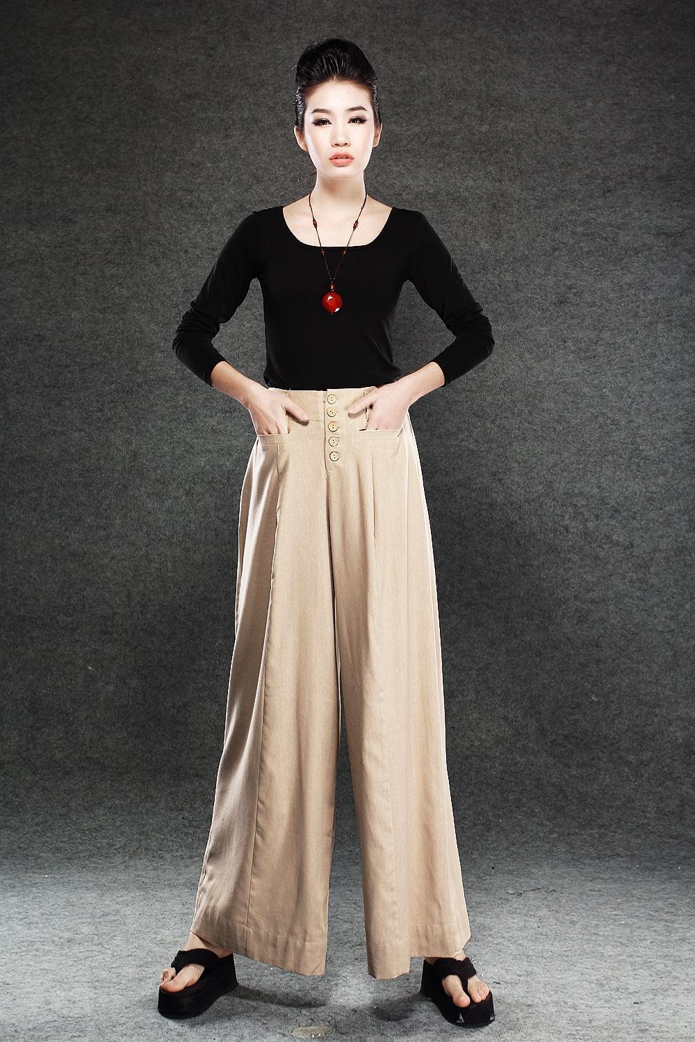 Linen Pants, wide-legged pants, Long linen Pants, Black linen pants, women pants, linen palazzo pants, buttons pants, pockets pants C1400