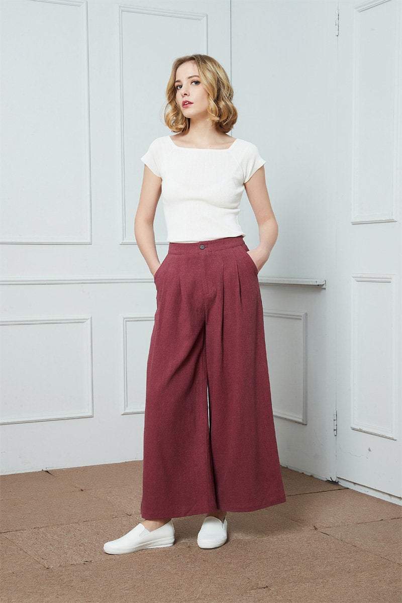 High Waisted Wide Pants, Linen Pants, Wide Leg Pants, red pants, pleated culottes, Zip front Buttoned Front Pleated Wide Leg Pants C1399