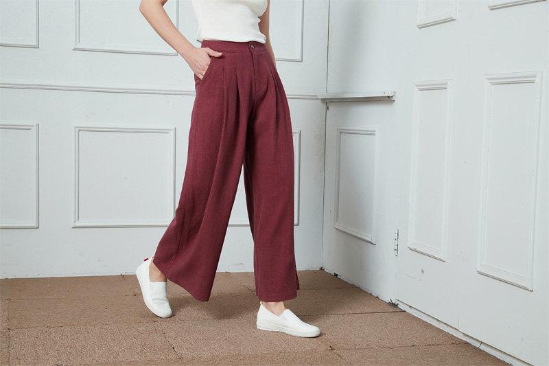 High Waisted Wide Pants, Linen Pants, Wide Leg Pants, red pants, pleated culottes, Zip front Buttoned Front Pleated Wide Leg Pants C1399
