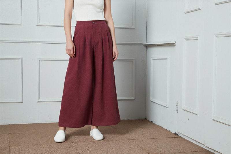 High Waisted Wide Pants, Linen Pants, Wide Leg Pants, red pants, pleated culottes, Zip front Buttoned Front Pleated Wide Leg Pants C1399