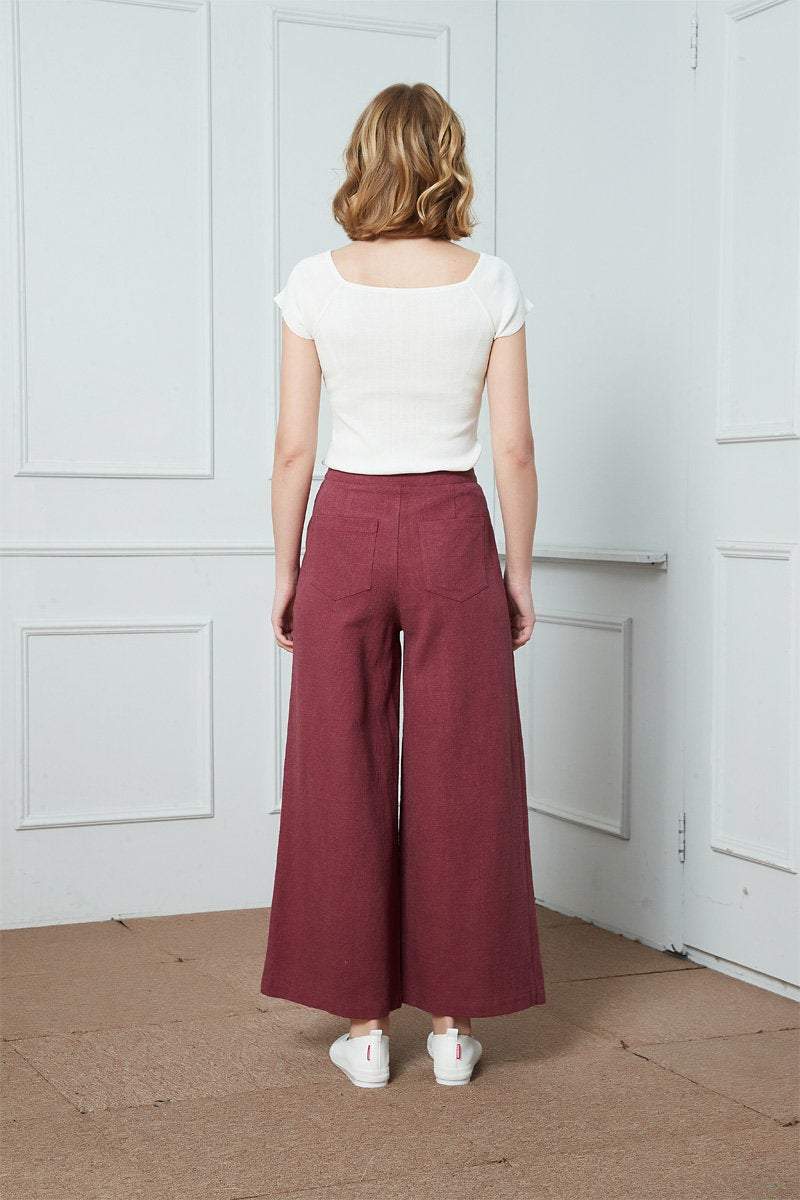 High Waisted Wide Pants, Linen Pants, Wide Leg Pants, red pants, pleated culottes, Zip front Buttoned Front Pleated Wide Leg Pants C1399