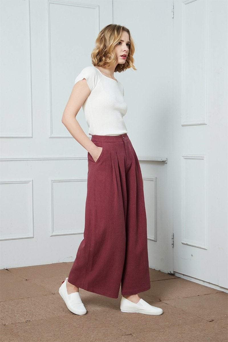 High Waisted Wide Pants, Linen Pants, Wide Leg Pants, red pants, pleated culottes, Zip front Buttoned Front Pleated Wide Leg Pants C1399