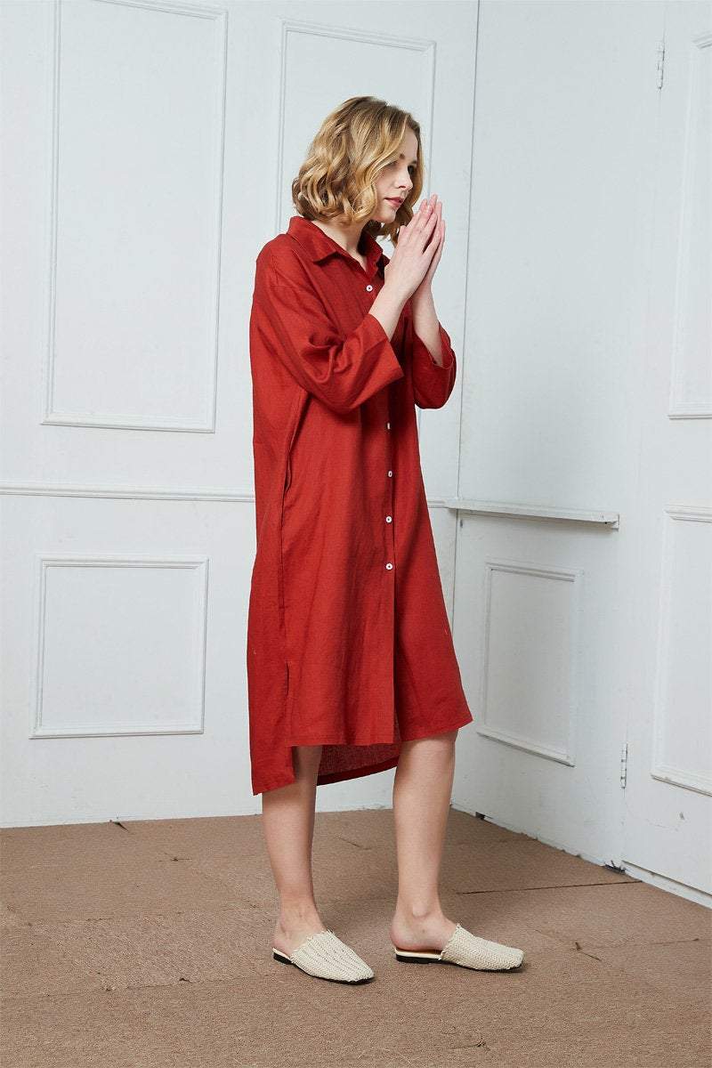 Red linen loose shirt, woman long shirt, oversized linen shirt, linen blouse, linen Casual Women Long Sleeve Button Down Shirt Dress C1418