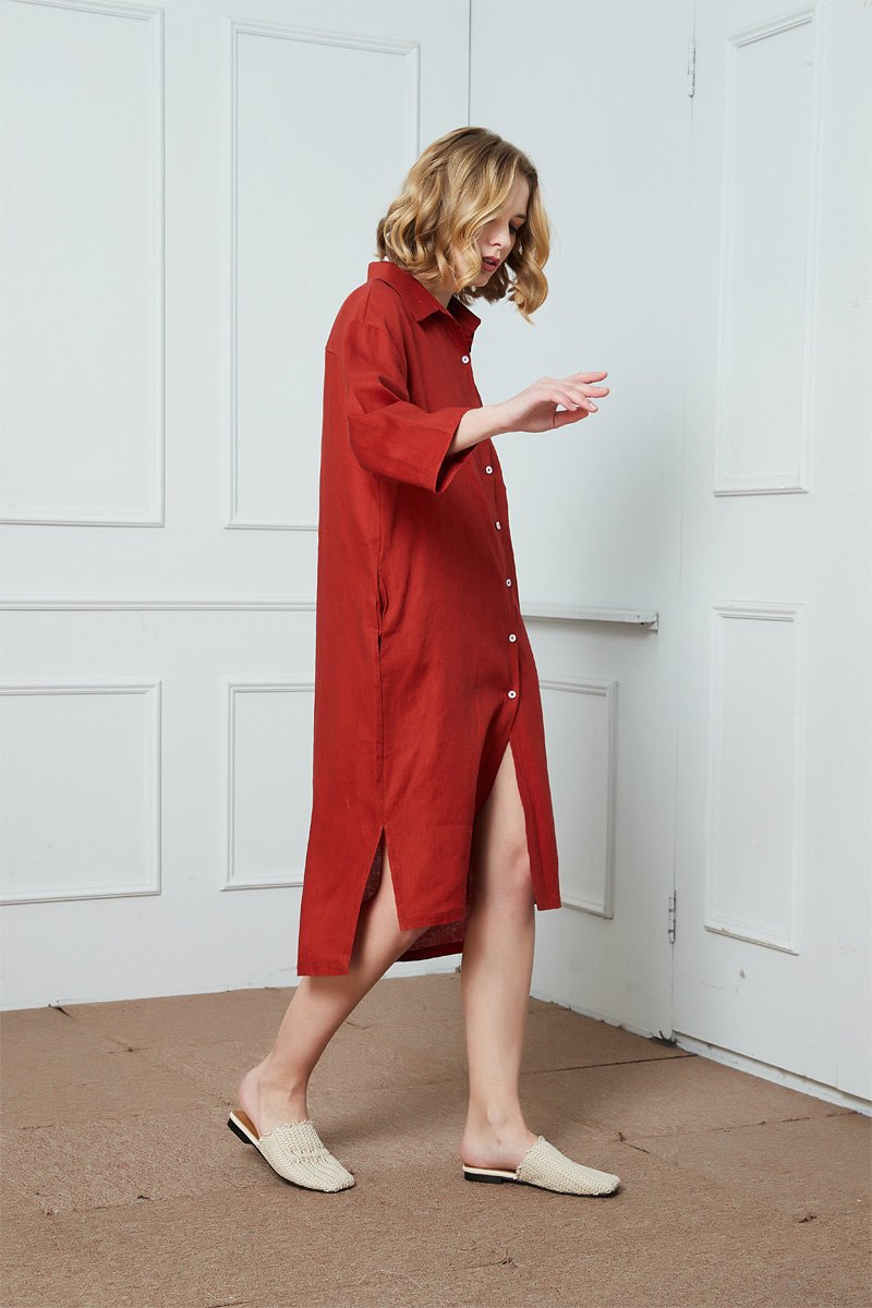 Red Linen Midi Shirt Dress in Loose Fit with 3/4 Sleeves – YLISTYLE Red Linen Midi Shirt Dress in Loose Fit with 3/4 Sleeves – YLISTYLE