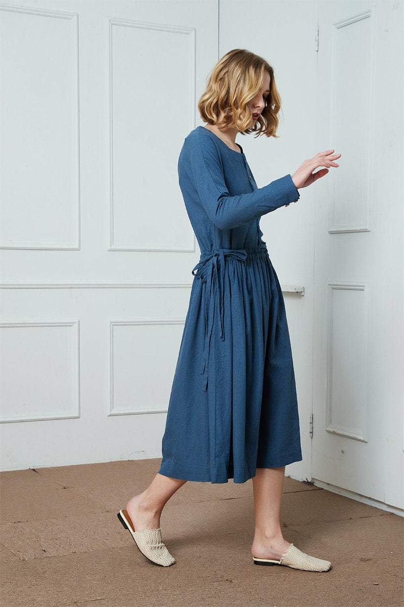 Linen Dress/drawstring waist Linen Dress/Linen long Sleeve Dress/ Linen Women Dress/Ylistyle Handmade dress