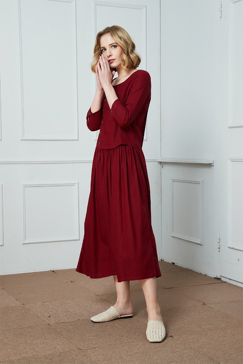 Linen Shirt-Dress/casual dress/Button Linen Shirt-Dress/ Red linen dress/Ylistyle dress