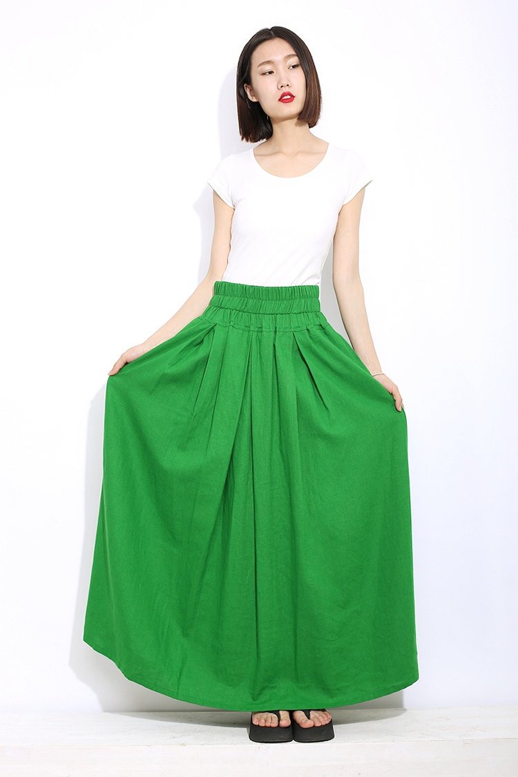 Green linen womens skirt, maxi womens summer skirt, long skirt with pockets, elastic skirt, Long linen skirt, linen pleated skirt C310