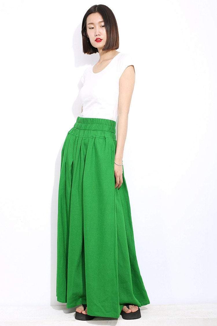 Green linen womens skirt, maxi womens summer skirt, long skirt with pockets, elastic skirt, Long linen skirt, linen pleated skirt C310