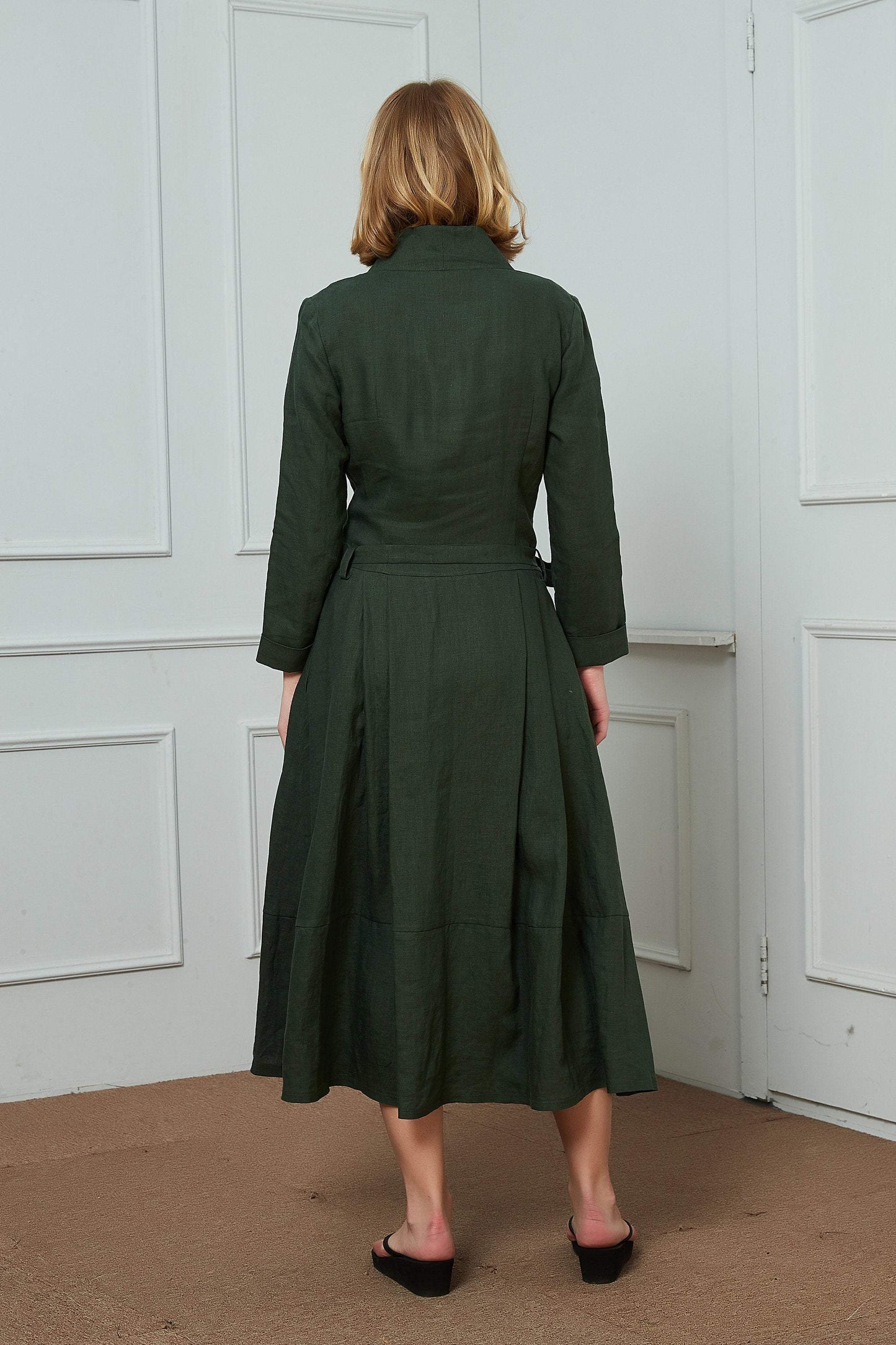 Green linen dress, long linen dress, pockets dress, belt dress, linen dress, womens dresses C1471
