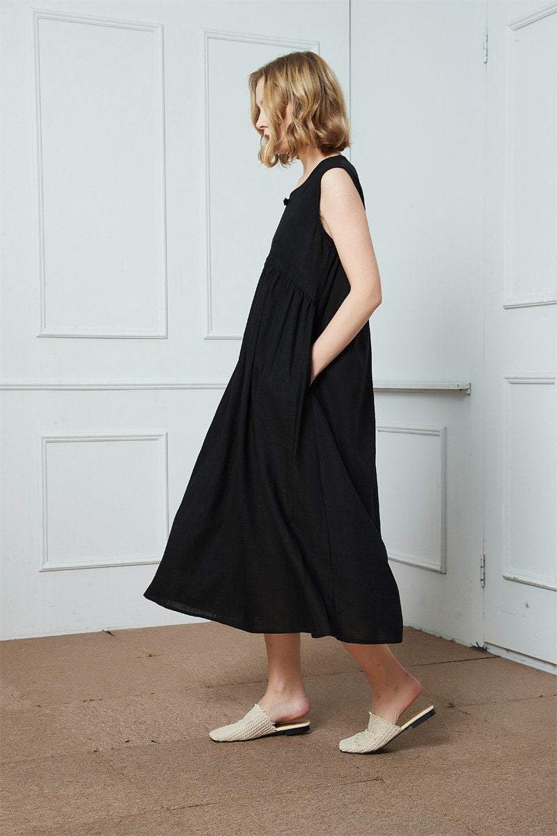 Linen dress, Linen sleeveless dress, black dress womens dresses, mid-length dress, pockets dress, pleated dress C1410