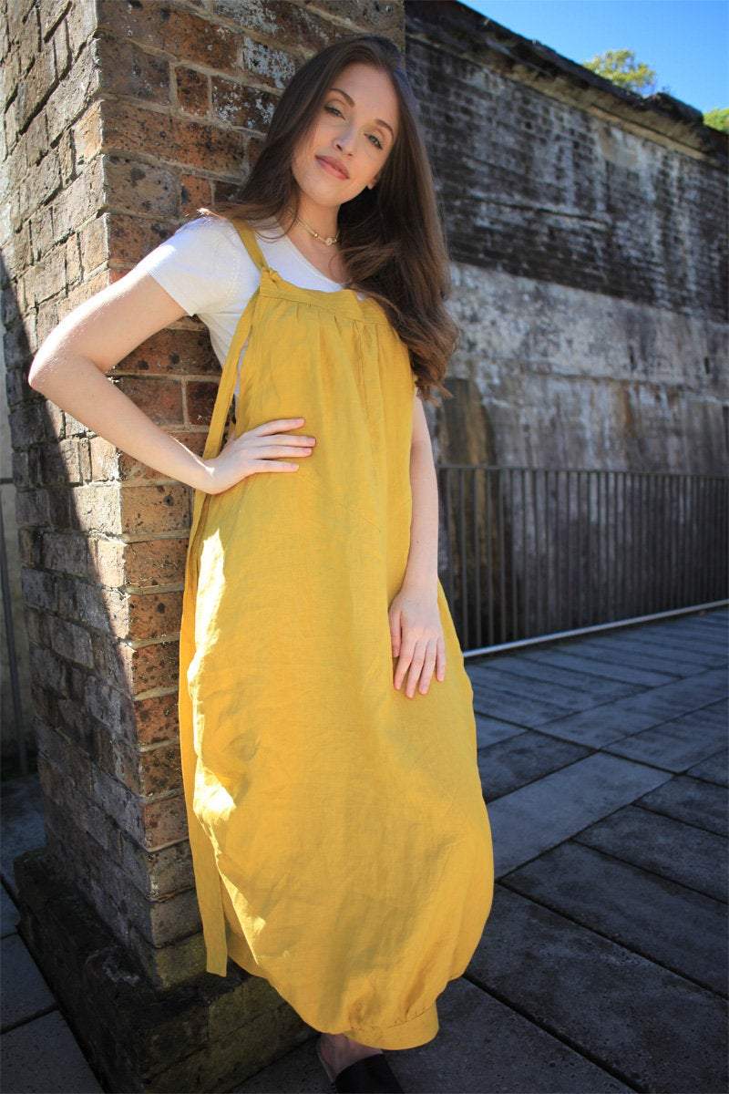 Yellow Pinafore dress, linen dress, maxi linen dress, Linen pinafore dress, overalls dress, womens overalls, summer dress