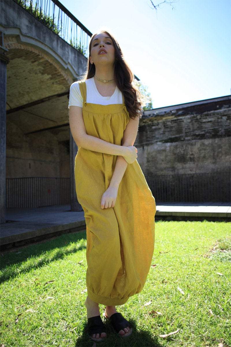 Yellow Pinafore dress, linen dress, maxi linen dress, Linen pinafore dress, overalls dress, womens overalls, summer dress