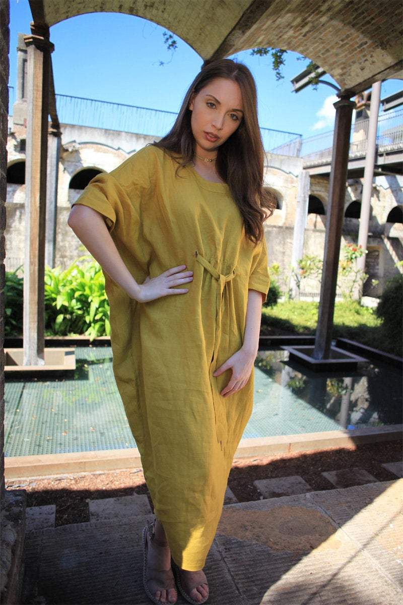 Linen dress, oversized dress, yellow dress, drawing string dress, womens dresses, linen casual dress, pockets dress
