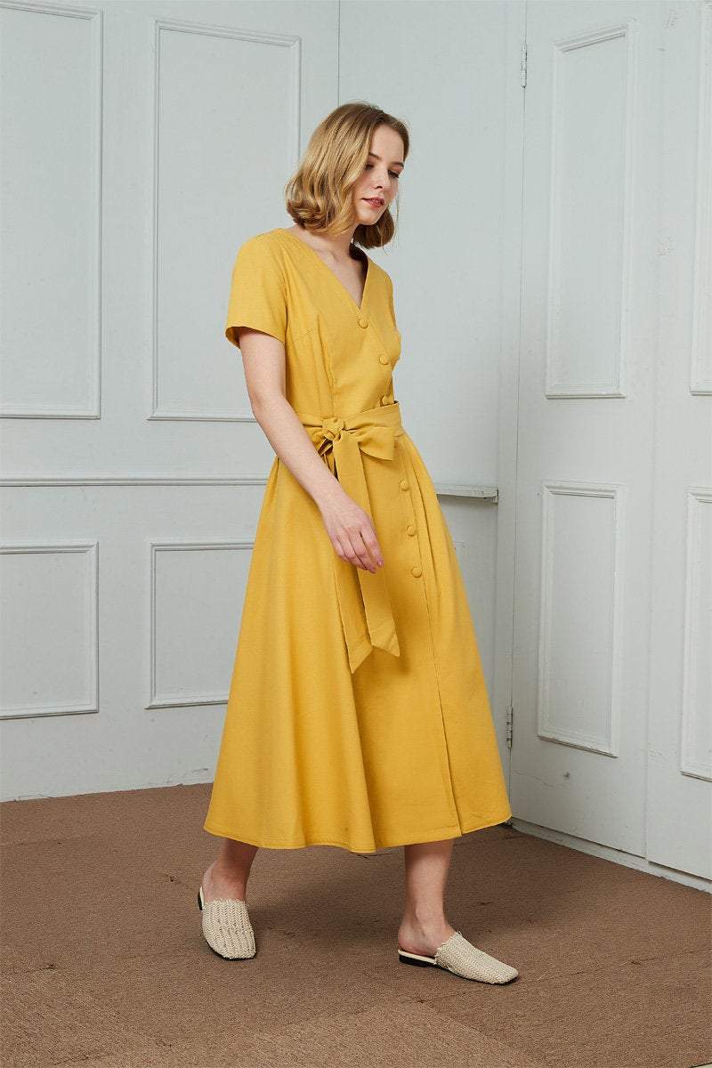 Yellow midi shirt dress, linen shirt dress, V Neck buttons mid dress, womens linen dress, Ylistyle linen midi shirt dress C1476