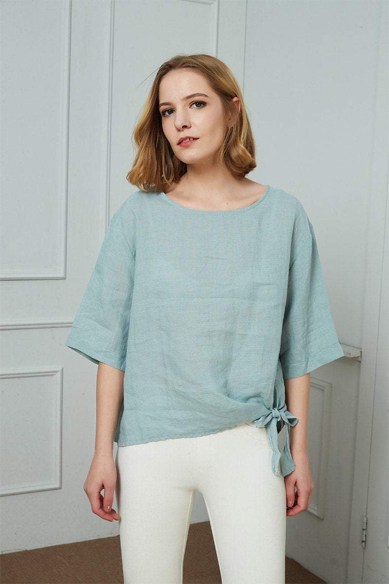 Oversized linen top, Back-Button Short-Sleeve Top, Button linen top, blue linen top, womens linen top, summer linen top C1478