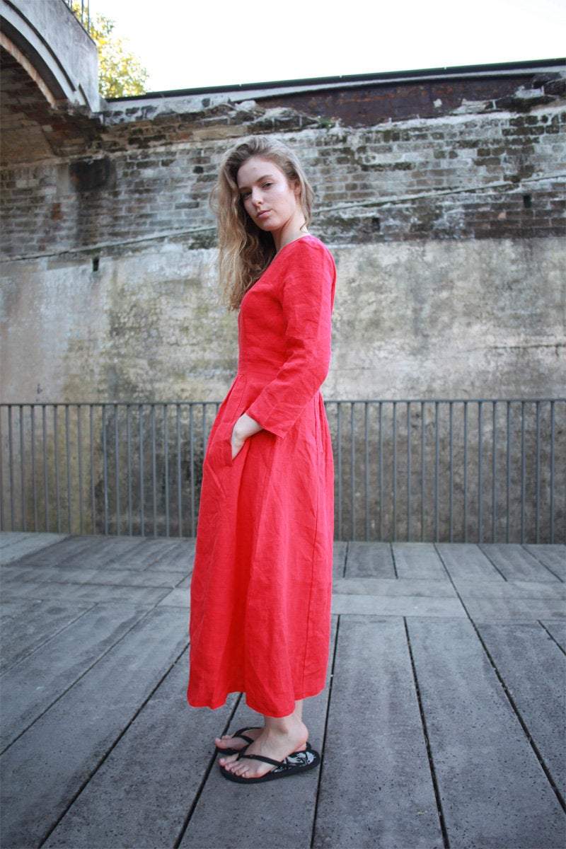 Linen dress, simiple linen dress, long linen dress, womens dress, red dress, pleated dress, pockets dress C1501