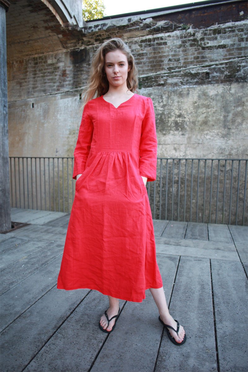 Linen dress, simiple linen dress, long linen dress, womens dress, red dress, pleated dress, pockets dress C1501