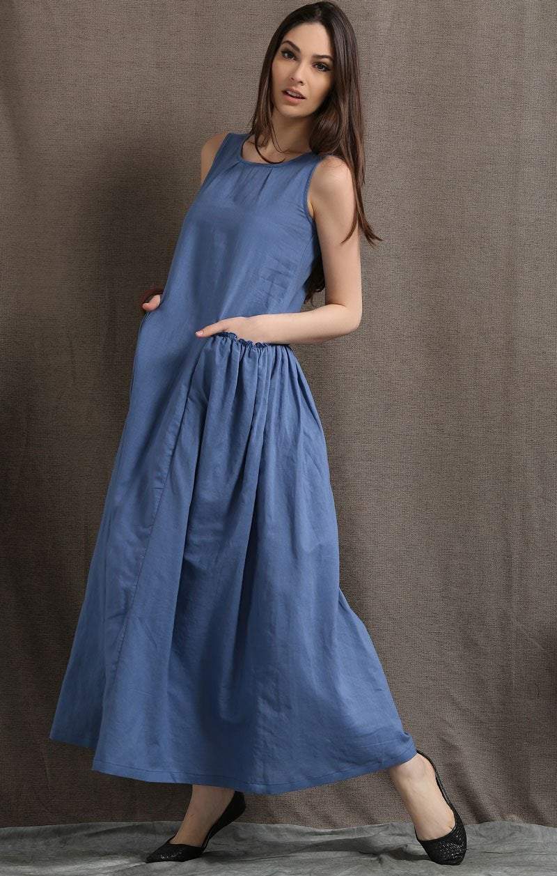 Maxi Linen Dress - Blue Long Casual Comfortable Sleeveless Women's Summer Dress with 2 Large Pockets C426