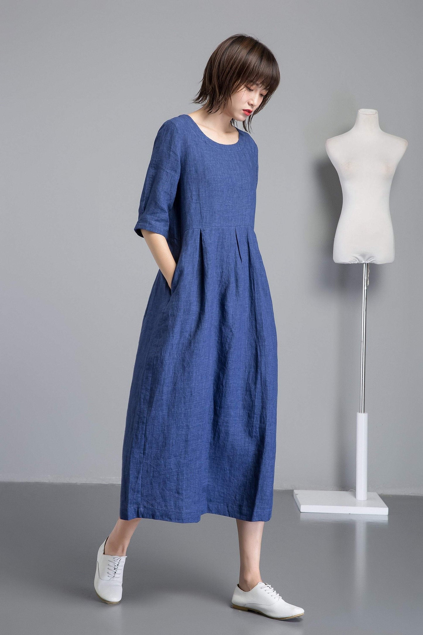 Handmade fashion blue casual linen dress C1257