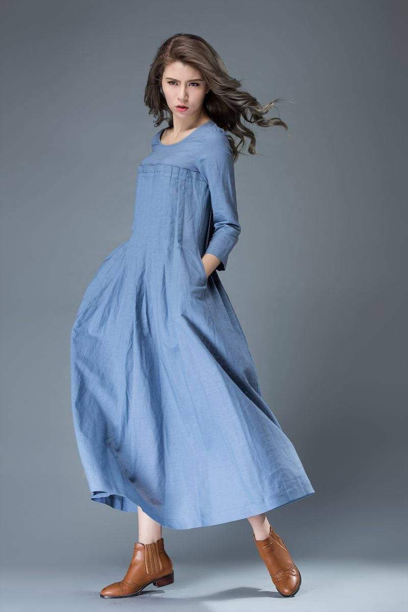 Linen dress for women, Maxi dress pockets, linen dress, long linen dress, womens dresses, loose linen dress, pleated dress, blue dress C811