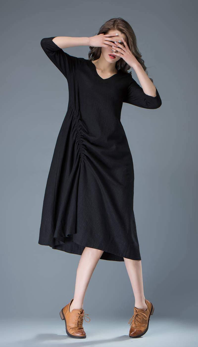 Black Linen Dress - Casual Everyday Comfortable Loose-Fitting Contemporary Mid-Length Woman's Handmade Dress C838