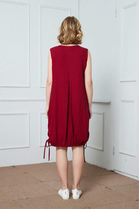 Red Linen Sleeveless Dress - Drawstring Hem Relaxed Fit C1388
