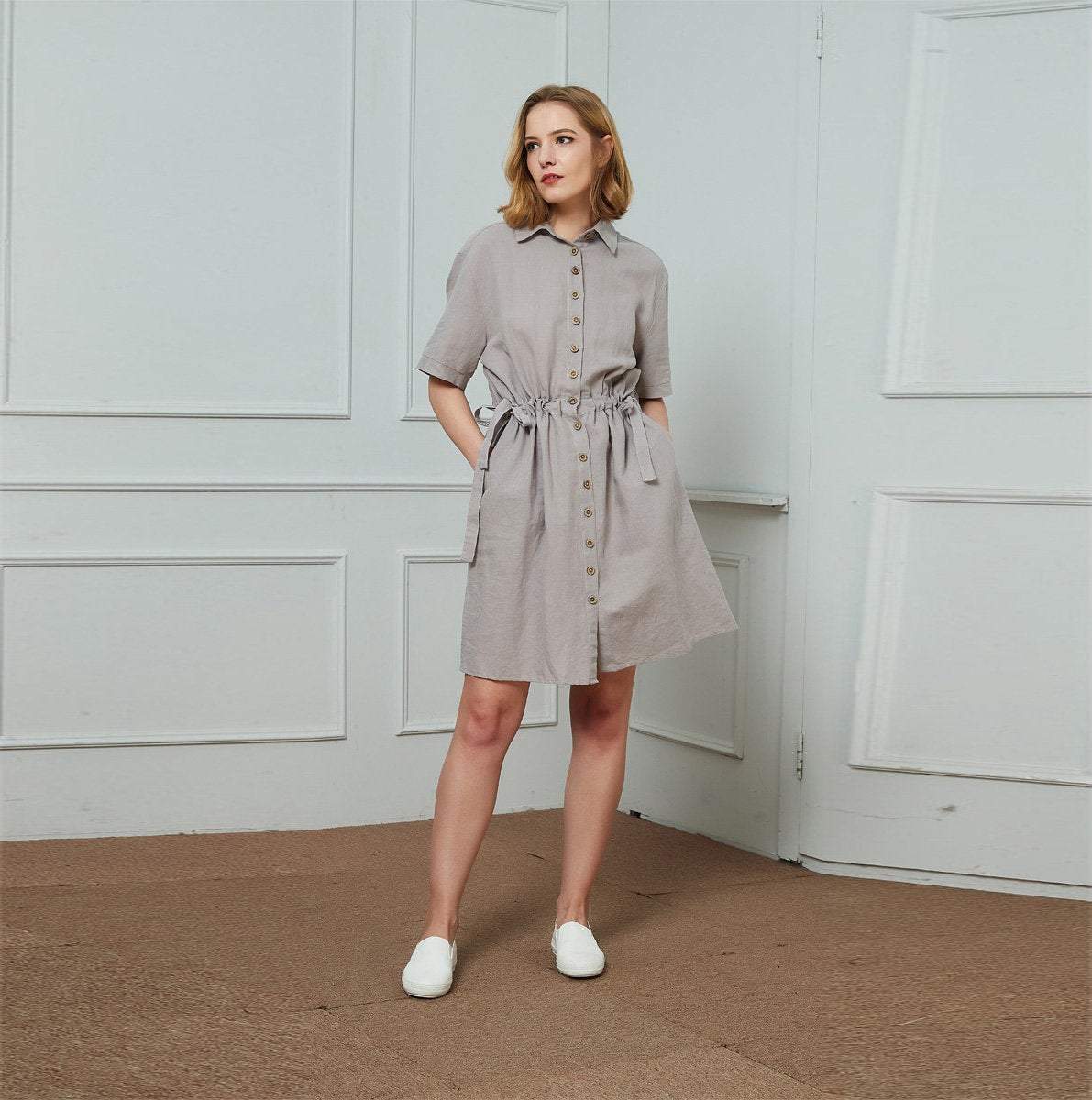 Gray summer linen dress women C1455
