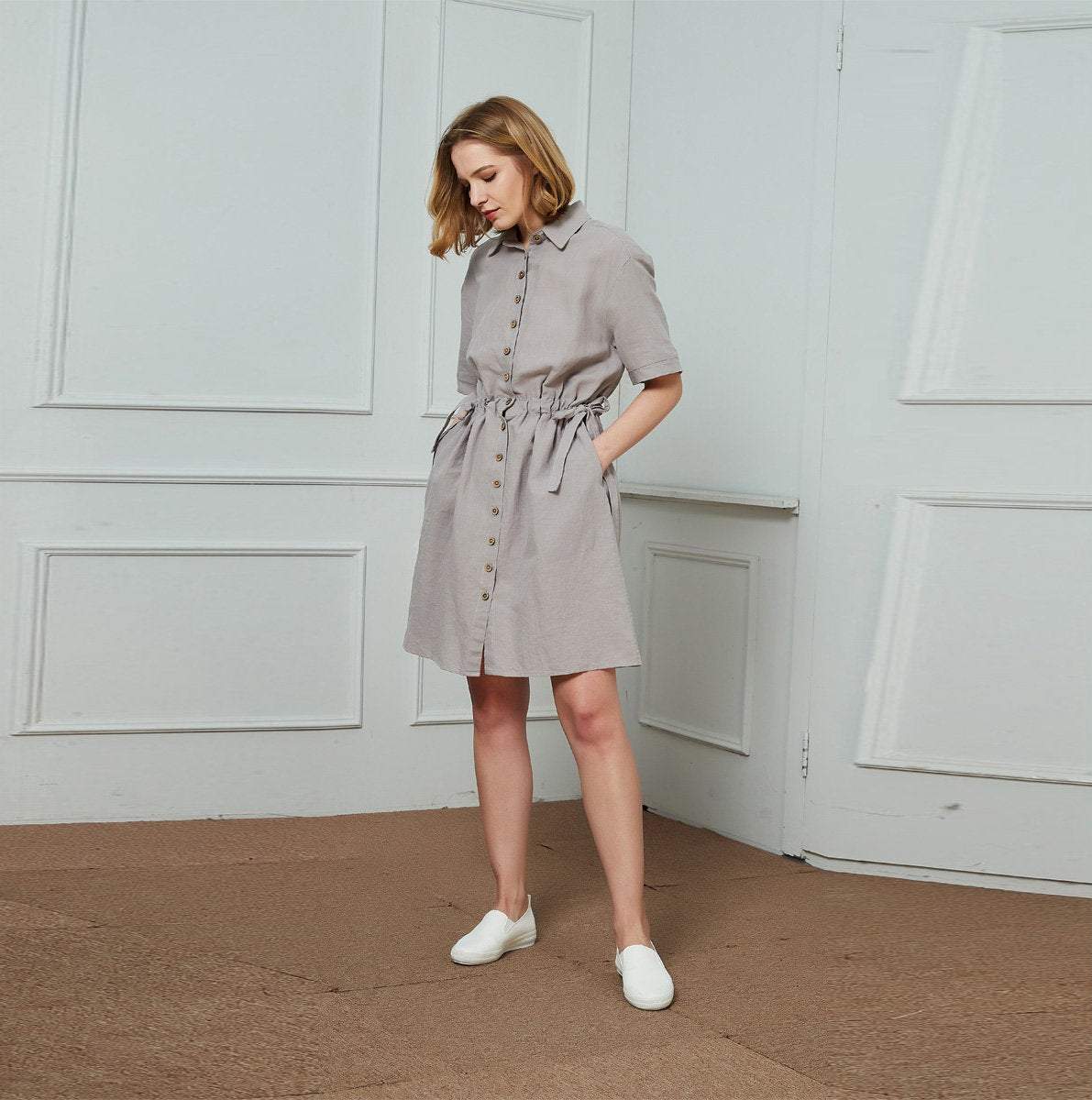 Gray summer linen dress women C1455, yy04046