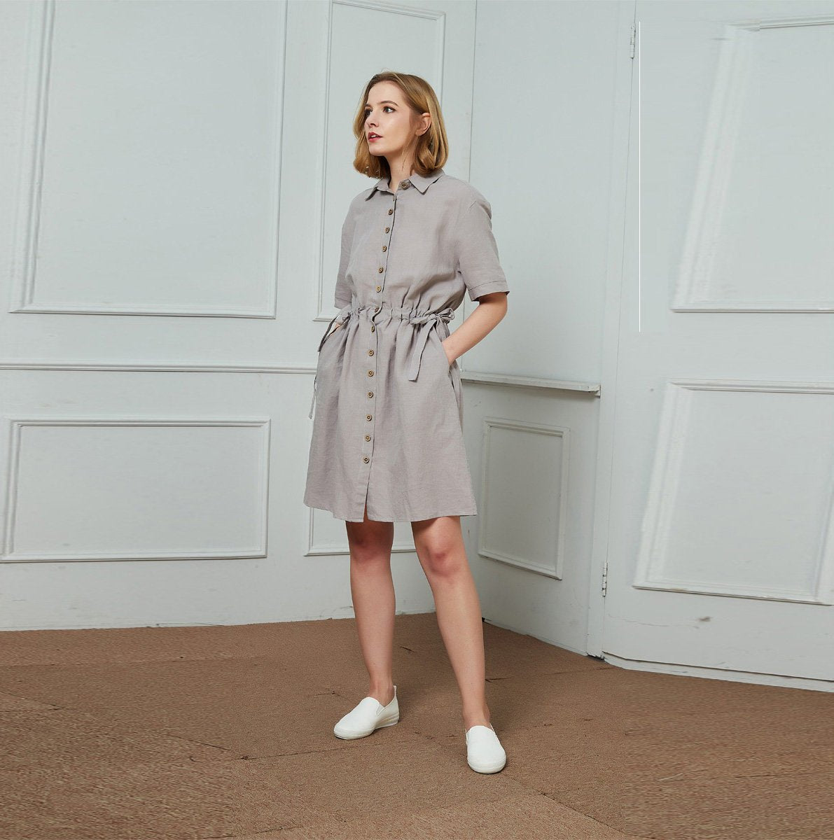 Gray summer linen dress women C1455, yy04046