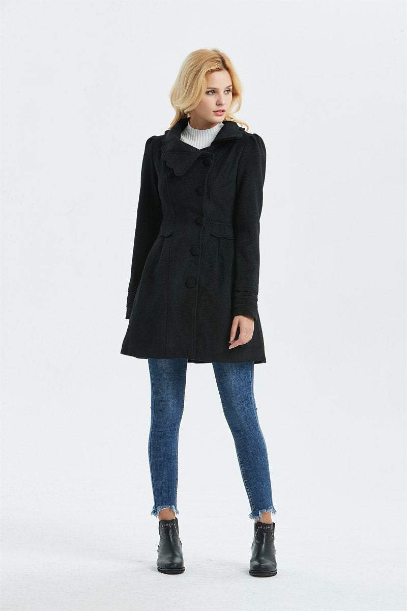 Gray Winter Coat - Woman's Outerwear Charcoal Grey Feminine Coat with Large Collar & Picot Edging C382 (CF126)