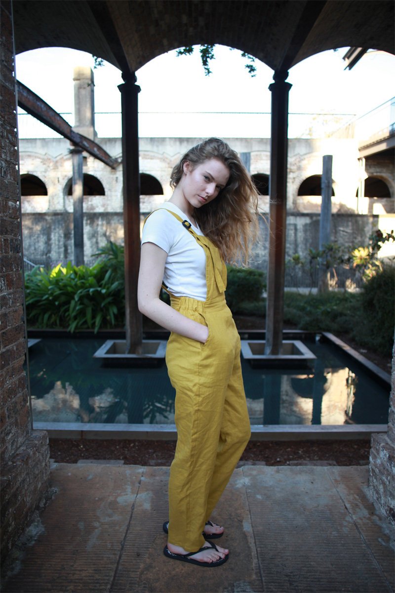 yellow linen pants, linen jumpsuit, casual linen pants, linen pants for women, yellow Bib linen pants, handmade linen pants C1502