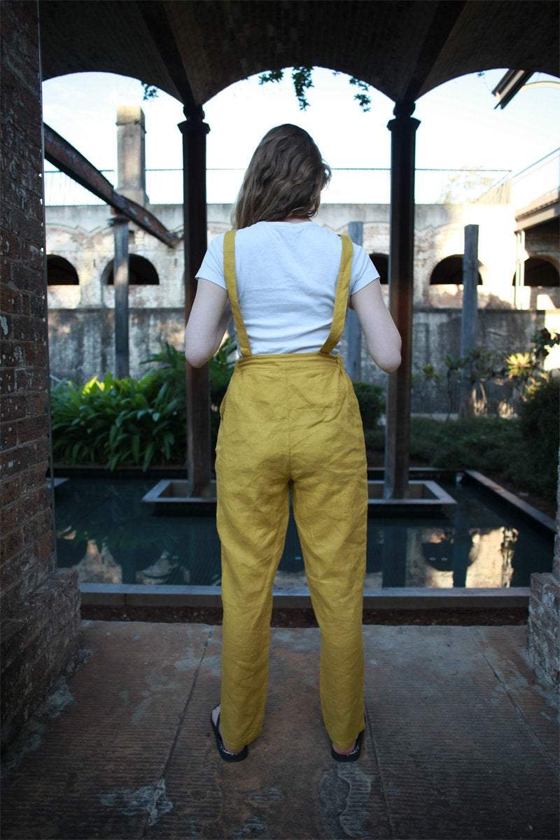 yellow linen pants, linen jumpsuit, casual linen pants, linen pants for women, yellow Bib linen pants, handmade linen pants C1502
