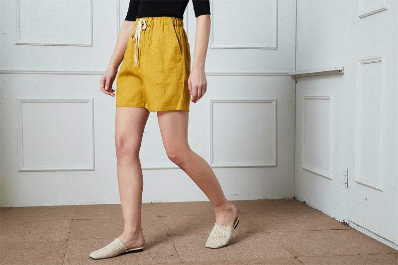 Linen shorts, yellow shorts, Summer Womens Shorts, linen Casual Shorts, Elastic Waist Shorts, Linen Drawstring Shorts, pockets shorts C1394