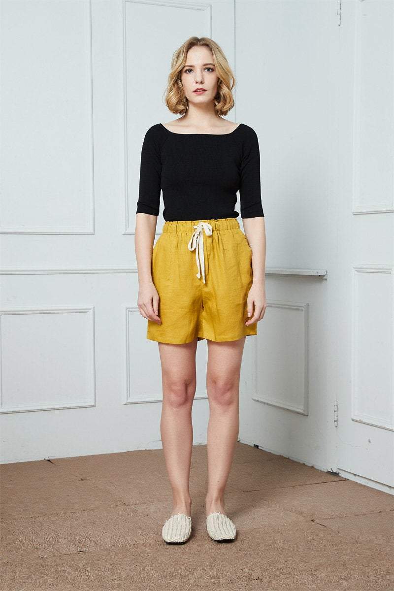 Linen shorts, yellow shorts, Summer Womens Shorts, linen Casual Shorts, Elastic Waist Shorts, Linen Drawstring Shorts, pockets shorts C1394