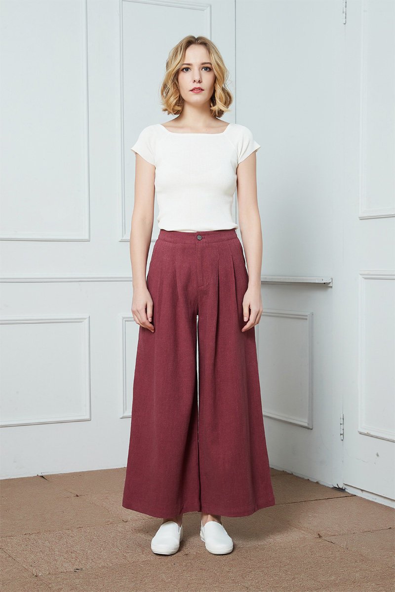 High Waisted Wide Pants, Linen Pants, Wide Leg Pants, red pants, pleated culottes, Zip front Buttoned Front Pleated Wide Leg Pants C1399