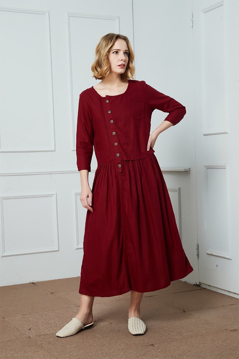 Linen Shirt-Dress/casual dress/Button Linen Shirt-Dress/ Red linen dress/Ylistyle dress