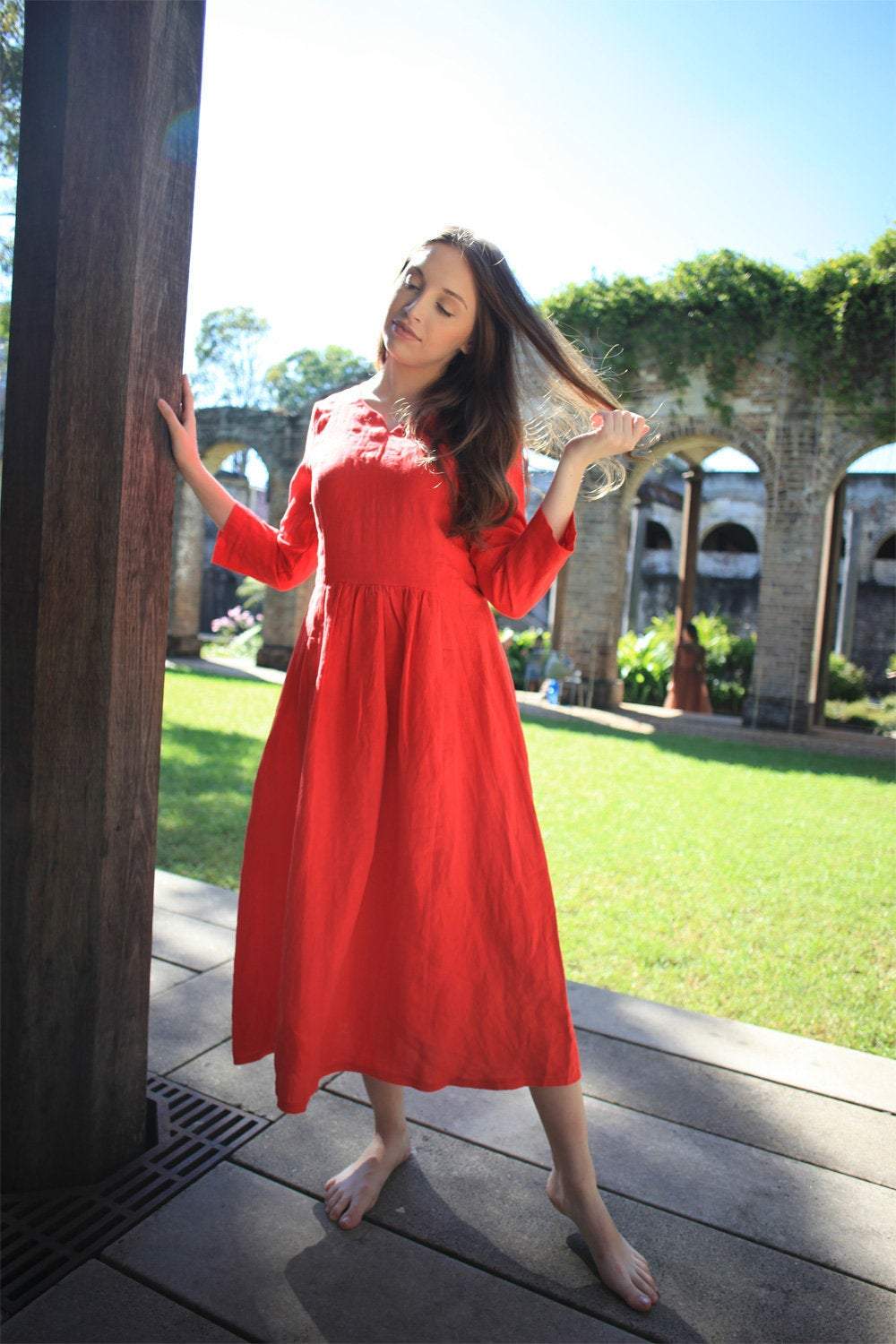 Linen dress, simiple linen dress, long linen dress, womens dress, red dress, pleated dress, pockets dress C1501
