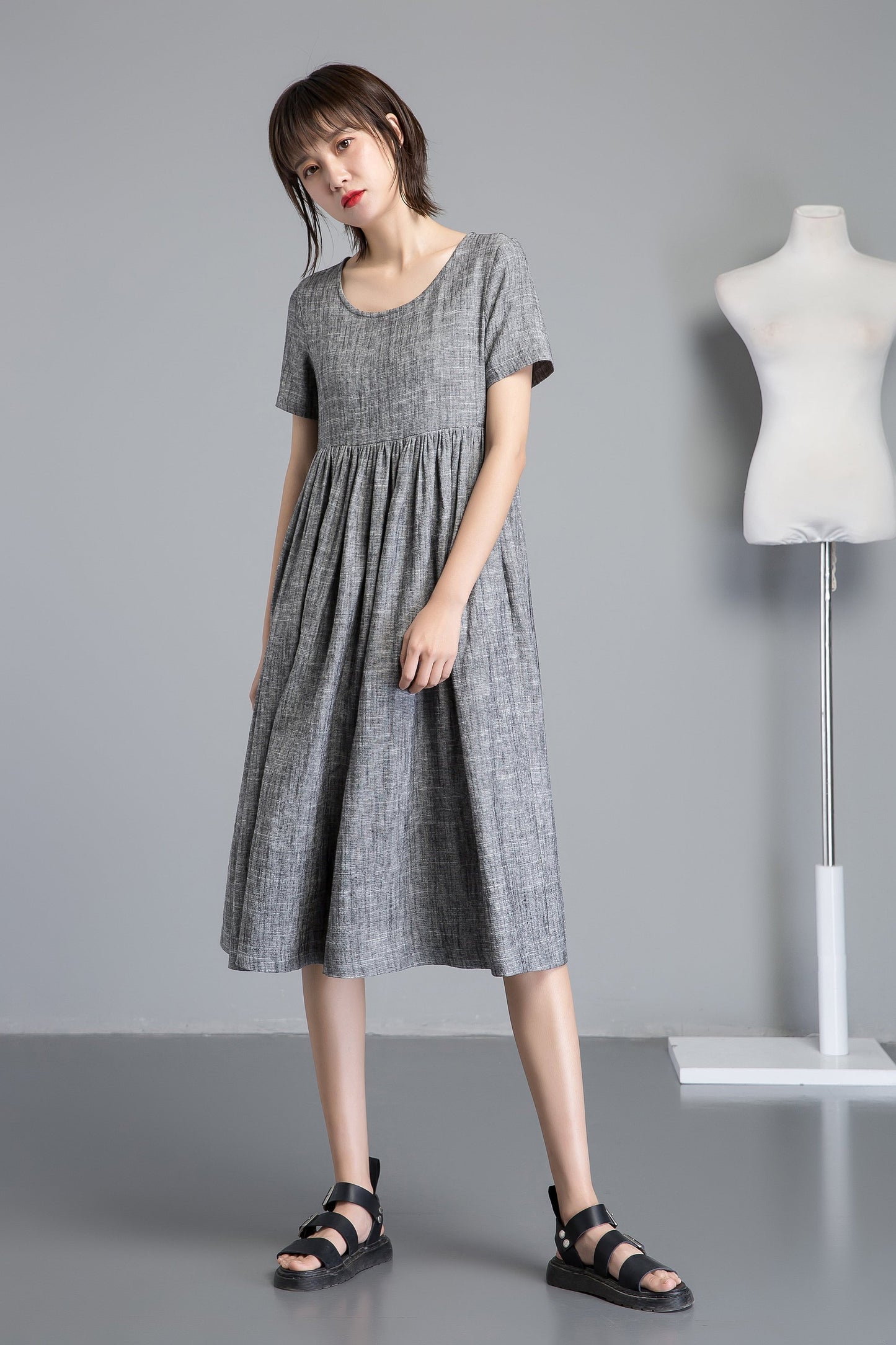 short sleeve linen midi dress C1254#
