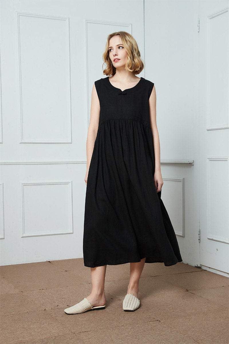 Black Linen Midi Dress with Sleeveless Flared A-Line Silhouette Black Linen Midi Dress with Sleeveless Flared A-Line Silhouette